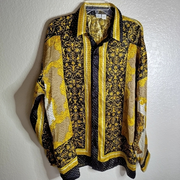 Monzini collection silk metallic sequence leopard print button down shirt sz M